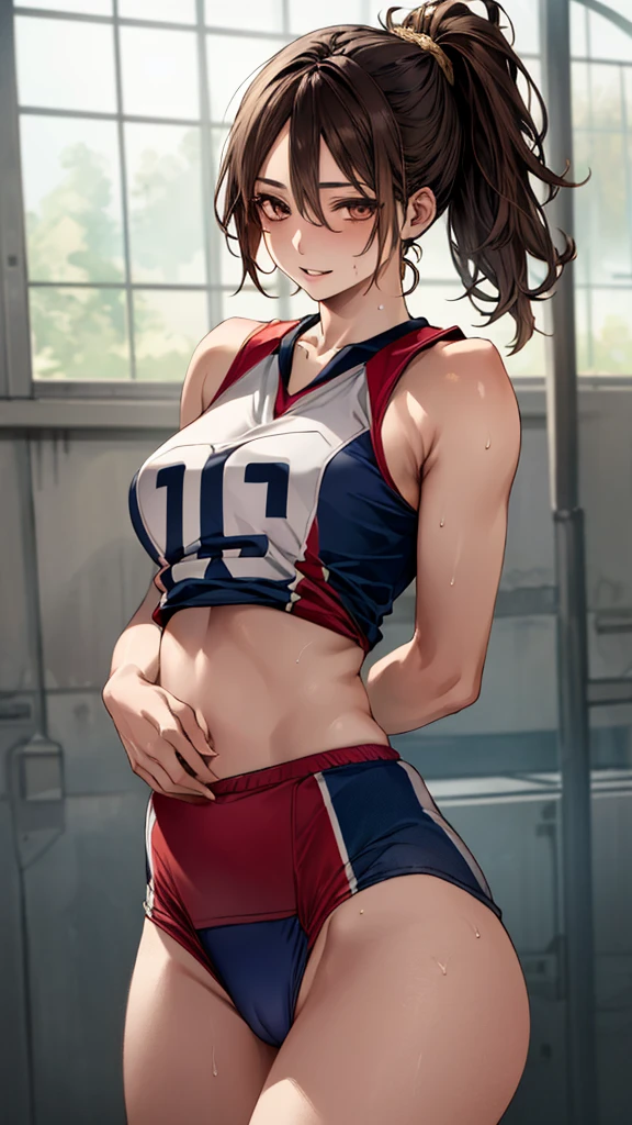 (masterpiece:1.3, top-quality, ultra high resolution, ultra detailed), (realistic, photorealistic:1.4), beautiful illustration, perfect lighting, natural lighting, depth of fields, ,
beautiful detailed hair, beautiful detailed face, beautiful detailed eyes, beautiful clavicle, beautiful body, beautiful chest, beautiful thigh, beautiful legs, beautiful hands, white skin, shiny skin,
looking at viewer, 1 lady, 35years old, volleyball player, (perfect anatomy, anatomically correct, super detailed skin), cute and symmetrical face, babyface, perfect face, perfect eyes,
(middle hair:1.4, low ponytail:1.5, brown hair), hair between eyes, gold eyes, long eye lasher, (large breasts:0.8, juicy thighs, attractive thighs), bare arms, bottomless,
((detailed cloth texture, (sleeveless volleyball uniform), (highleg buruma), (crop top:1.1), buruma, buruma, ), ), cameltoe, nipple hardening, crotch,
(beautiful scenery), evening, ((volleyball gymnasium, volleyball cort)), (sexy pose), (lovely smile, parted lips, sweaty),