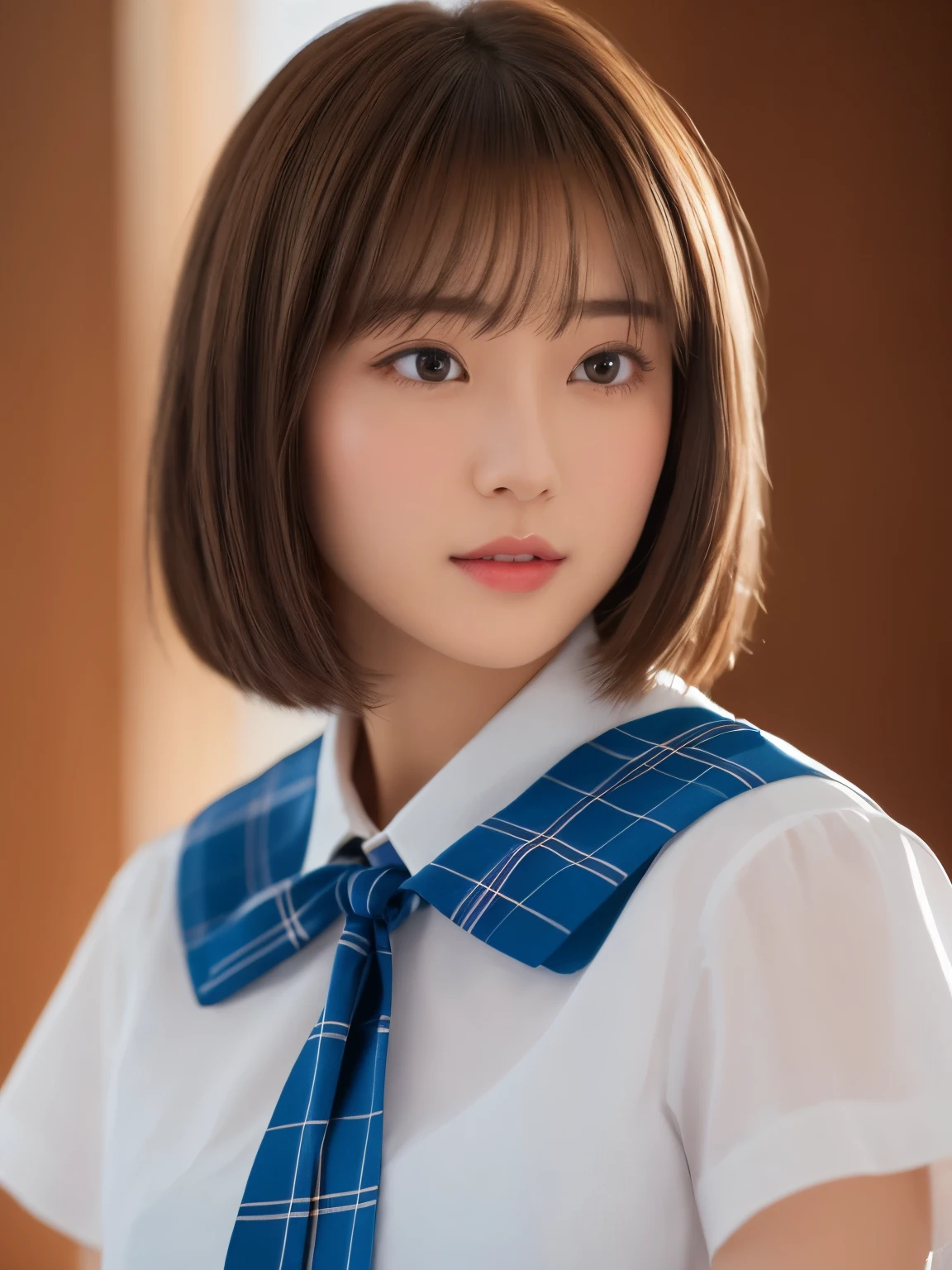 masterpiece、close up of face、View from the front、young beautiful japanese woman、(Jumping around energetically)、gorgeous figure、Wearing a short-sleeved white collared shirt and a plain shiny red satin bow tie、She is wearing a blue tartan plaid skirt.、absolutely beautiful face、glossy lips、double eyelids in both eyes、natural makeup、 long eyelashes、Shiny smooth light brown medium length hair,、asymmetrical bangs、tanned skin、alone in the classroom、、head frame、center image、8K resolution、high details、detailed hairstyle、detailed face、great movie lighting、octane rendering、vibrant、Super realistic、perfect limbs、perfect anatomy、short hair、Full body Esbian