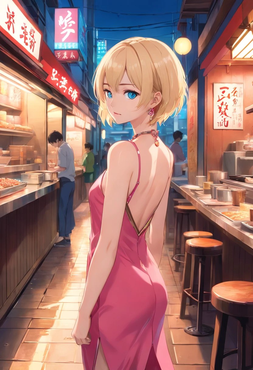 Women, ((Blonde)), ((Blue eyes)), ((Short hair)), ((Full shot)), very detailed makeup, pale pink lipstick, long earrings, bare shoulders and jewelry necklace, backless red latex dress, high heels, wet floor, standing in front of a ramen place, looking back ((full length))