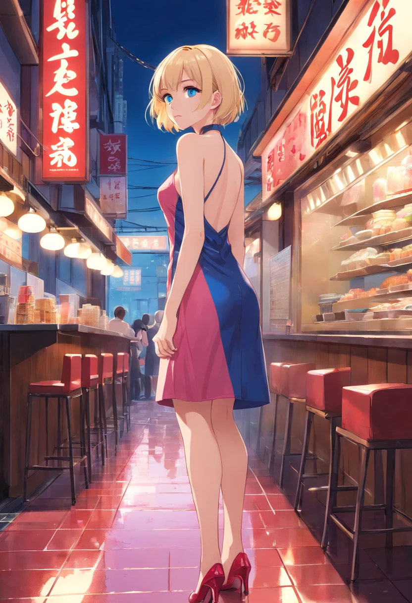 Women, ((Blonde)), ((Blue eyes)), ((Short hair)), ((Full shot)), very detailed makeup, pale pink lipstick, long earrings, bare shoulders and jewelry necklace, backless red latex dress, high heels, wet floor, standing in front of a ramen place, looking back ((full length))
