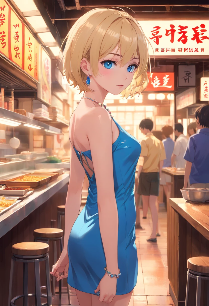 17 years old Women, ((Blonde)), ((Blue eyes)), ((Short hair)), ((Full shot)), very detailed makeup, pale pink lipstick, long earrings, bare shoulders and jewelry necklace, backless red latex dress, high heels, wet floor, standing in front of a ramen place, looking back ((full length))