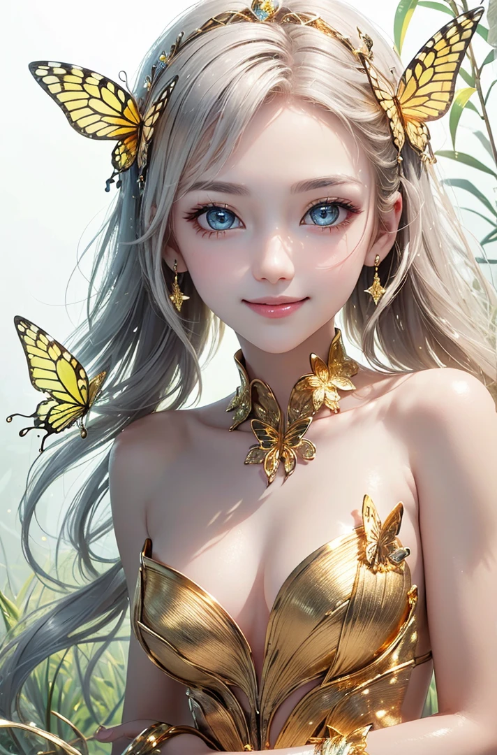 (masterpiece、highest quality、highest quality、Beautiful and beautiful:1.2)、(Good anatomy:1.5)、Focus on the eyeilky white hair girl、Gold butterfly costume、Jewelry Tiara、Gold butterfly wings、Adorable smile、looking at the camera、Diffuse reflection of light、Gold flower、Silver Flower、Pearl Light、Earth Grass、Earth Tree、Fractal Art