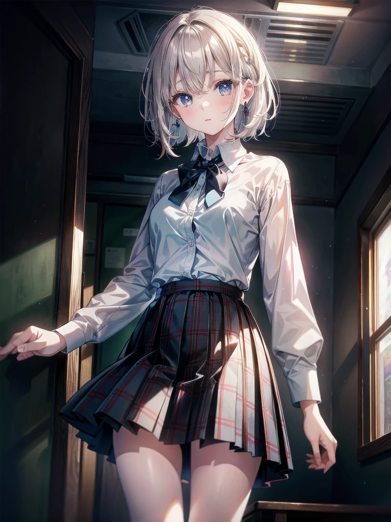 whole body, school_uniform, plaid pleated skirt, pale blue button-down shirt, absurdres, RAW photo, extremely delicate and beautiful, masterpiece, Best Quality, ultra high resolution, 32k, hyperrealistic, ultra-detailed description, pale skin, 20 years old, detailed beautiful face and eyes, tearful mole, earring, Colossal tits, short medium wavy hair,