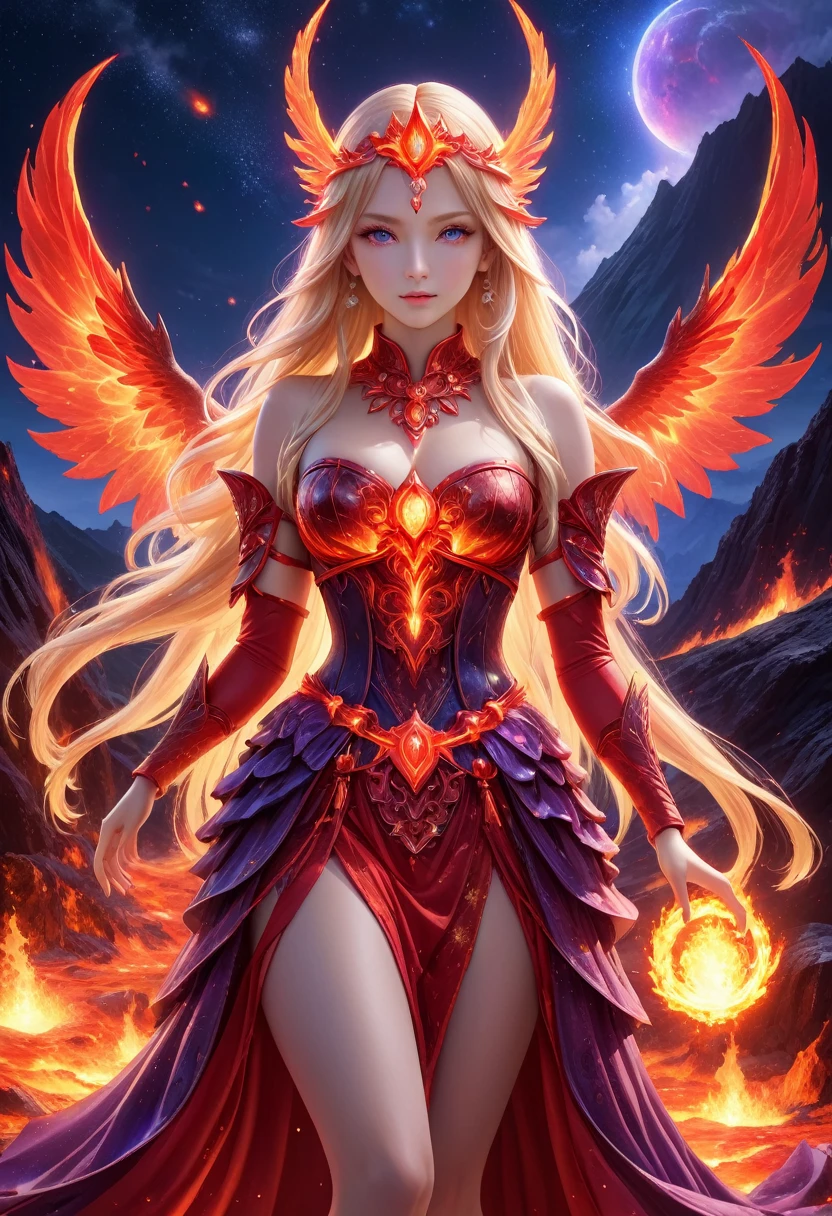 high details, best quality, 16k, [ultra detailed], masterpiece, best quality, (extremely detailed), full body, ultra wide shot, photorealistic, fantasy art, dnd art, rpg art, realistic art, an ultra wide picture of a female human (intricate details, Masterpiece, best quality: 1.5) goddess of fire  ((fiery radiant aura)), controlling a swirling red fire, fiery red radiant magic (1.5 intricate details, Masterpiece, best quality), manipulating purple radiant magical symbols, [[divine symbols]] (intricate details, Masterpiece, best quality: 1.5), human female, blond hair, long hair with aura, hair with red radiant eyes, intense eyes, ((radiant eyes)), (( red glowing eyes)), dynamic clothing, fantasy volcano back ground, stresms of lava,  celestial  background, ((divine worship atmosphere)), high details, best quality, highres, ultra wide angle, faize, 
