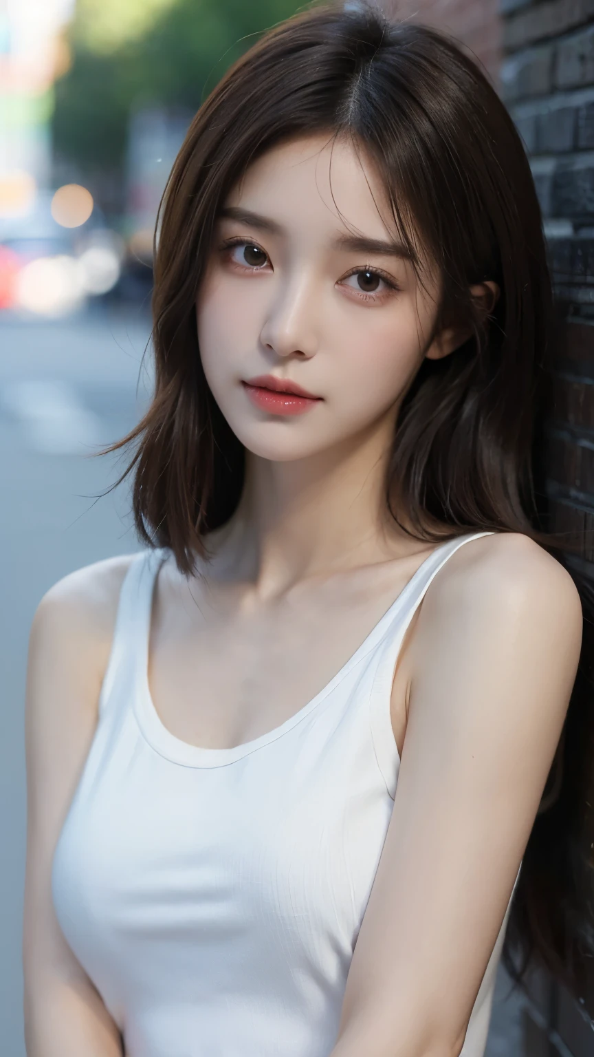 ((best quality, 8K, masterpiece :1.3)), whole body, sharp focus: 1.2, a girl,20 years old,Perfect face shape,Beautiful face shape,perfect body beautiful: 1.4, slim abs: 1.2, ((dark brown hair, : 1.2)), Tank Top Dress: 1.1, (street: 1.1), Highly detailed facial and skin textures, delicate eyes, double eyelids,F cup