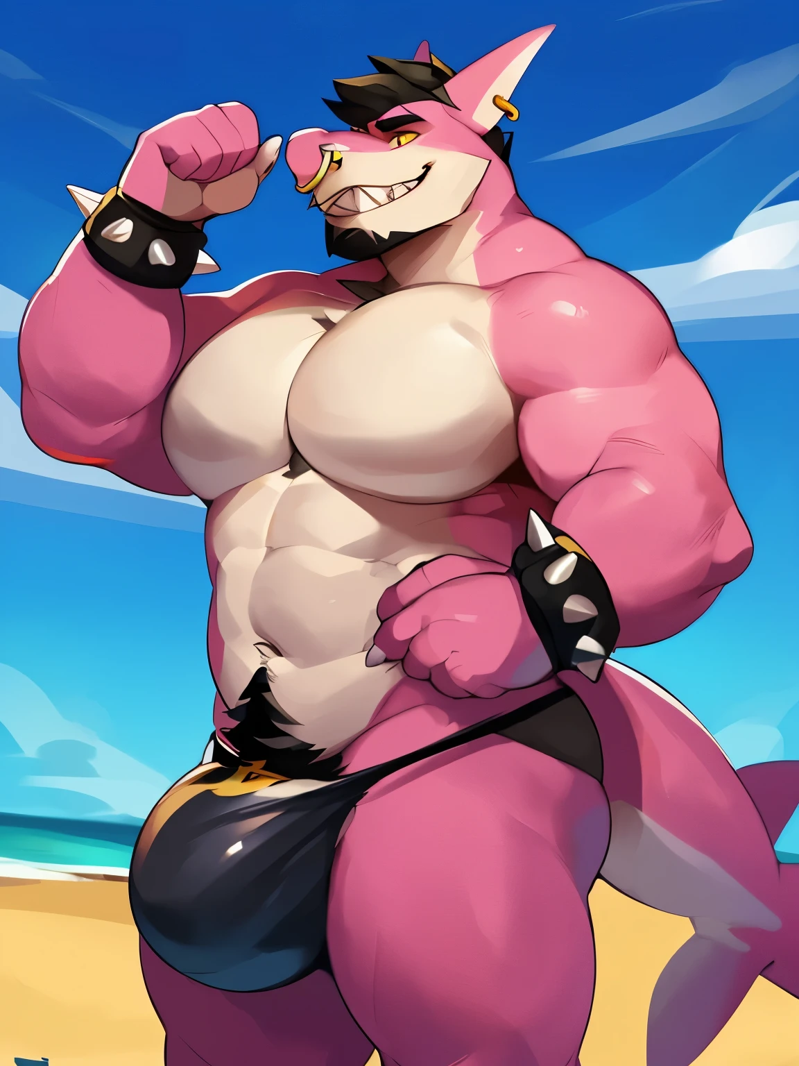 Solo, male (((shark, yellow eyes, muscular, broad shoulders, pink body, black beard, huge pecs, abs, tail, fin, non-mammal navel, nose piercing, ring piercing, sharp teeth, teeth, , smirking, spiked wrist bands, black , huge bulge))) standing, beach, flexing, by darkgem, by mystikfox61, by glitter trap boy