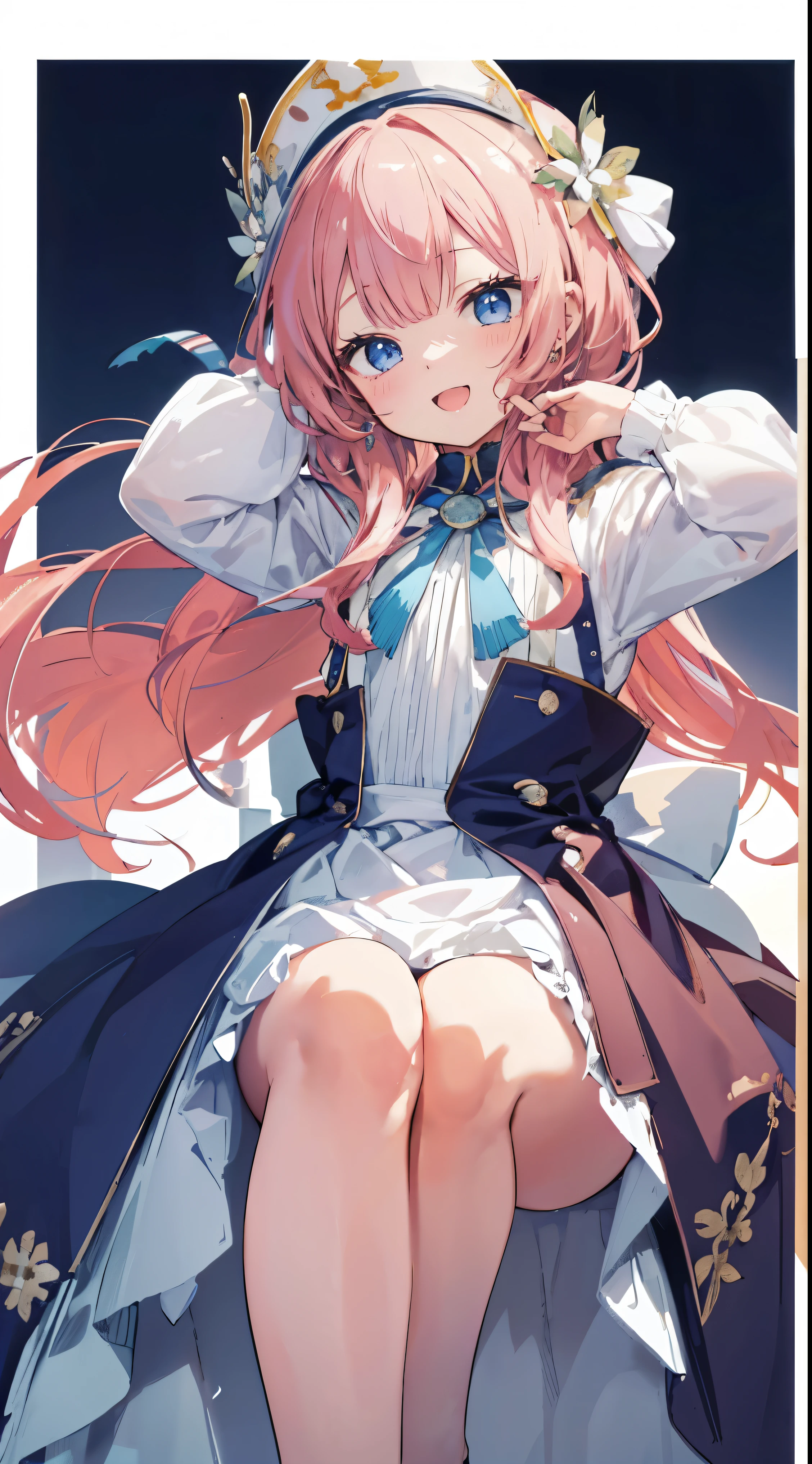 Masterpiece、Highest quality、highest quality、((((Petite))))、(Open Mouth Smile)、Shiny hair quality、Small face、Dynamic pose、Super detailed, beautiful, wide eyes、Ultra-detailed, clear and beautiful faces、(cute illustration:1.2), High-resolution, ultra-detailed, best quality, embarrassed、Thighs