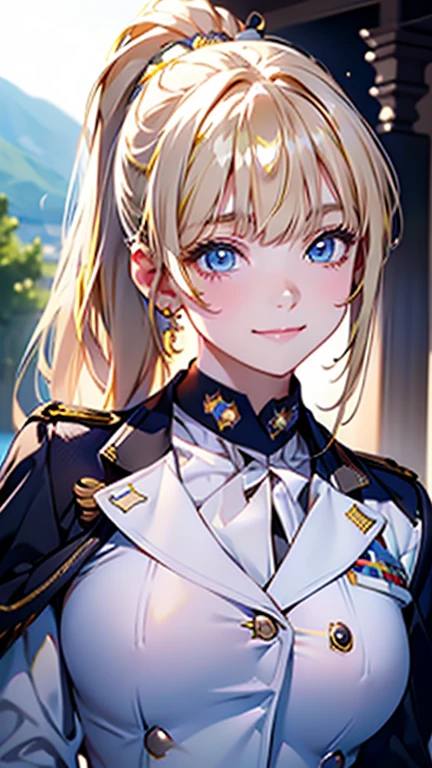 Best quality , masterpiece, Portrait、、Bright expression、ponytail、Young, shiny, white, glossy skin、Gloss Face、Shining Cheek Gloss、(Small Face Beauty:1.1)、The best beauty、The dazzling light of blonde hair、Bright blonde hair with dazzling highlights、Very beautiful shiny light blonde hair、super long silky straight hair、Her shiny, beautiful bangs are covering her eyes.、Sparkling, clear, attractive, bright, large, pale blue eyes、Very big eyes、eyeliner、very beautiful lovely cute girl、Ample Bust, upper body , (smile) ,beautiful bangs are covering her eyes, ((((marine army uniform ))))