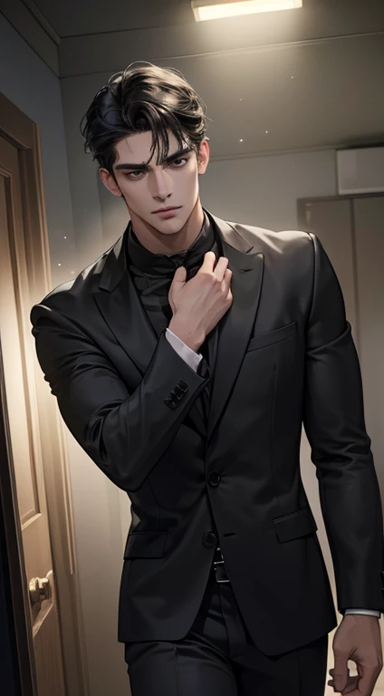 (best quality, masterpiece, 8K, photorealistic, cinematic lighting, hdr image, ultra detailed, beautiful image), 1 man, mature, very handsome, serious expression, short black hair, black eyes, arranging suit