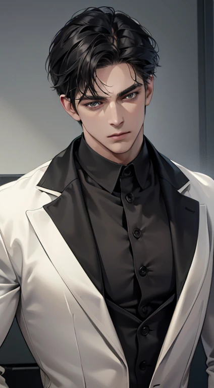 (best quality, masterpiece, 8K, photorealistic, cinematic lighting, hdr image, ultra detailed, beautiful image), 1 man, mature, very handsome, serious expression, short black hair, black eyes, arranging suit