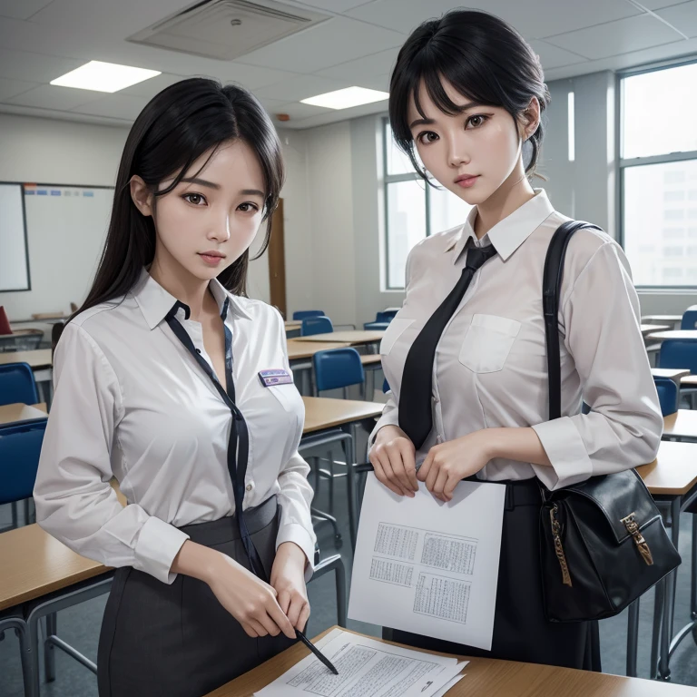 and then, In class, Two female proctors walked into the classroom, Holding a top secret document bag, Two people in white clothes,Show cleavage、Female invigilator with short black hair, The female proctor looked into camera, The camera mainly captures the upper body, Lof Art Style ((Xinhai City), CGStation Popular, Xinhaicheng H 2160, Inspired by Border Guardians, Xinhaicheng, plan, Guwitz's style, High-quality images, 4K, 8k, solve,