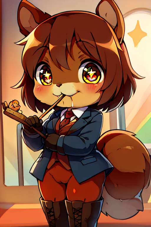 boy, squirrel, furry, bodyfur, blazer, bottomless, color tights, gloves, boots, chibi, happy, sparkling eyes, train, eating stick