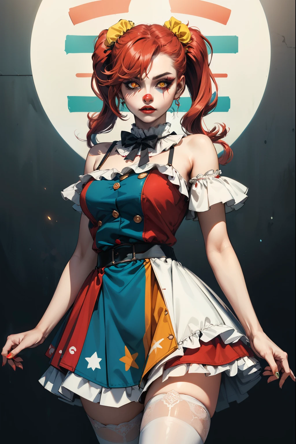 (extremely detailed CG unity 4k wallpaper),(masterpiece),(best quality),(ultra-detailed),(best illustration),(best shadow),(absurdres),(Detailed background), Pale skin, Clown girl, Clown make up, White and red clown girl dress, White stockings, Very long red hair (Pigtails), Glowing yellow eyes, 2 hands,