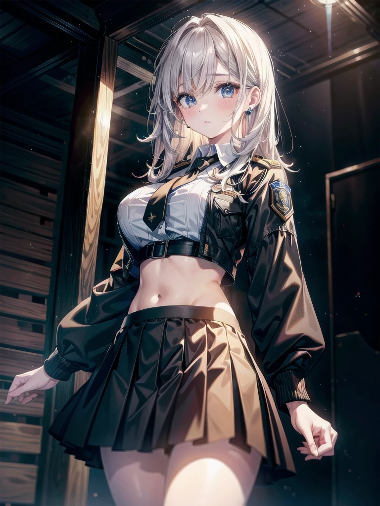 whole body, police officer uniform, Skirt, absurdres, RAW photo, extremely delicate and beautiful, masterpiece, Best Quality, ultra high resolution, 32k, hyperrealistic, ultra-detailed description, pale skin, 20 years old, detailed beautiful face and eyes, tearful mole, earring, Colossal tits, short medium wavy hair, midriff,