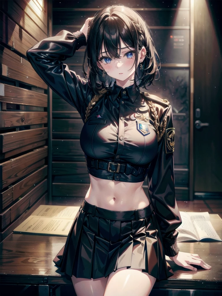 whole body, police officer uniform, Skirt, absurdres, RAW photo, extremely delicate and beautiful, masterpiece, Best Quality, ultra high resolution, 32k, hyperrealistic, ultra-detailed description, pale skin, 20 years old, detailed beautiful face and eyes, tearful mole, earring, Colossal tits, short medium wavy hair, midriff,