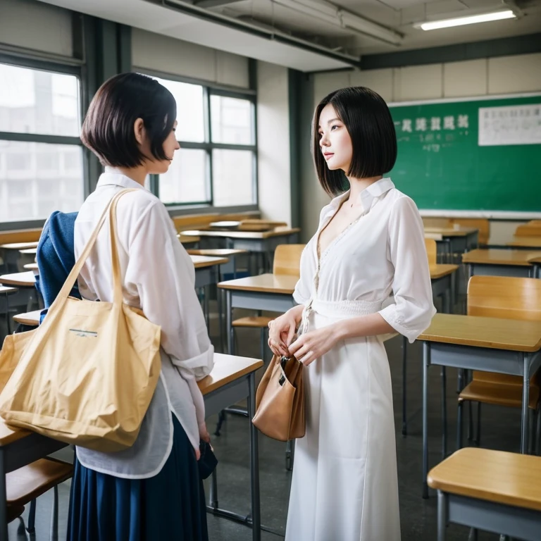 and then, In class, Two female proctors walked into the classroom, Holding a top secret document bag, Two people in white clothes，Show cleavage、Female invigilator with short black hair, The female proctor looked into camera, The camera mainly captures the upper body, Lof Art Style ((Xinhai City), CGStation Popular, Xinhaicheng H 2160, Inspired by Border Guardians, Xinhaicheng, plan, Guwitz&#39;s style, High-quality images, 4K, 8k, solve,