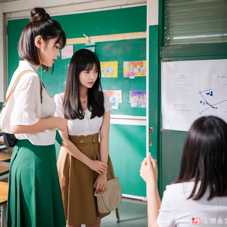 and then, In class, Two female proctors walked into the classroom, Holding a top secret document bag, Two people in white clothes,Show cleavage、Female invigilator with short black hair, The female proctor looked into camera, The camera mainly captures the upper body, Lof Art Style ((Xinhai City), CGStation Popular, Xinhaicheng H 2160, Inspired by Border Guardians, Xinhaicheng, plan, Guwitz's style, High-quality images, 4K, 8k, solve,