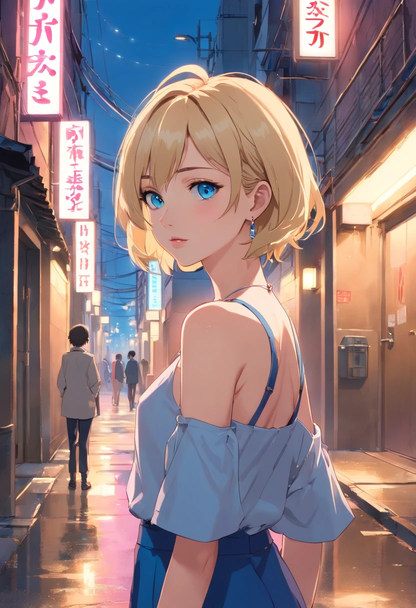 17 years old Women, ((Blonde)), ((Blue eyes)), ((Short hair)), ((Full shot)), very detailed makeup, pale pink lipstick, long earrings, bare shouldersdressed as a prostitute in a dirty city alley