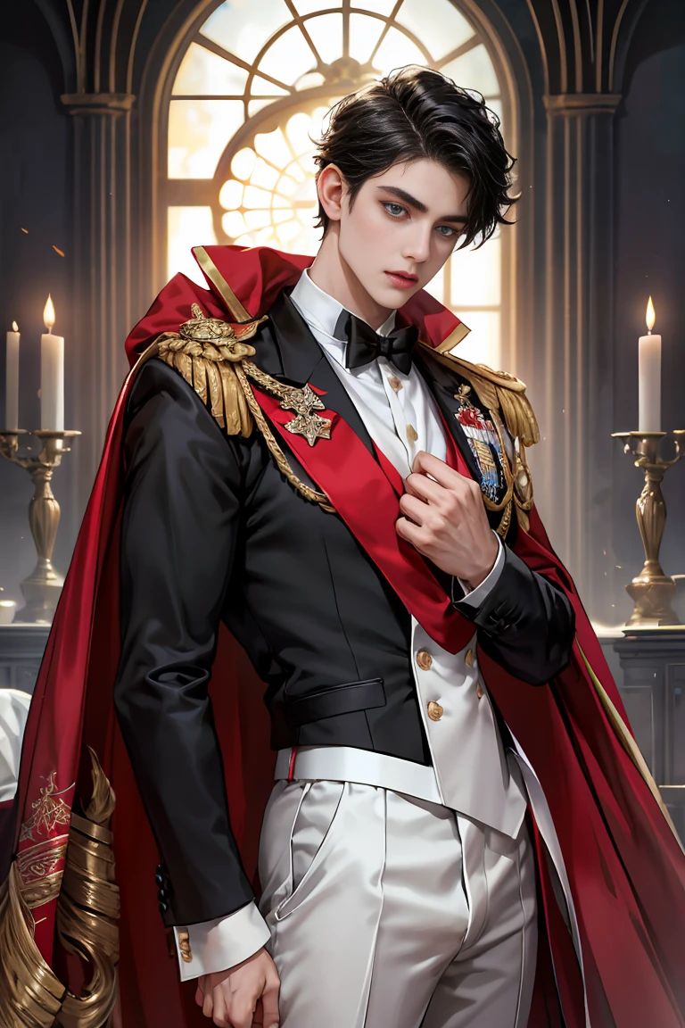 masterpiece, 最high quality, high quality, 1 boy, alone, Male focus, Watching the audience, Messy black hair, Adorable big blue eyes, White, Noble, Noble, Tuxedo、A very voluminous, large, very large, very large, long, long red and black cape with a high stand-up collar, made of a lot of fabric that reaches down to the floor., ,Cute beautiful boys,Cute, cute, kind, handsome guy