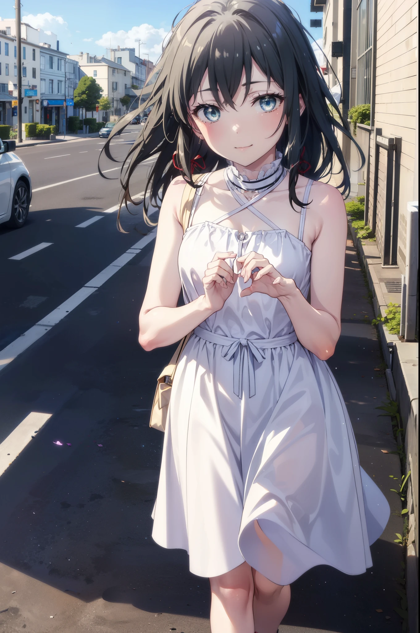 yukinoyukinoshita, Yukino yukinoshita, Black Hair, blue eyes, Long Hair,smile, Small breasts,happy smile, smile, Close your mouth,
, Sleeveless white dress,White long skirt,Cute Sandals,walking,Real Summer,Daytime,sunny,whole bodyがイラストの中に入っていくように,
break outdoors ,city,Building district,Coastal Road break looking at viewer, whole body,
break (masterpiece:1.2), highest quality, High resolution, unity 8k wallpaper, (shape:0.8), (Beautiful and beautiful eyes:1.6), Highly detailed face, Perfect lighting, Extremely detailed CG, (Perfect hands, Perfect Anatomy),