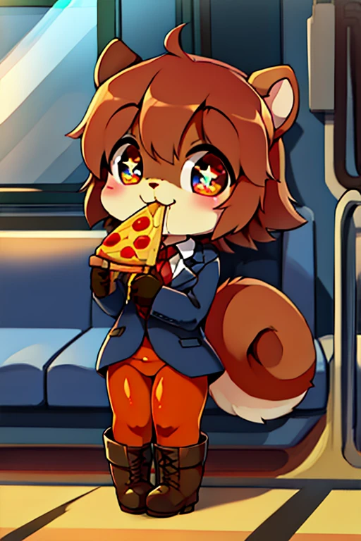 boy, squirrel, furry, bodyfur, blazer, bottomless, color tights, gloves, boots, chibi, happy, sparkling eyes, train, eating pizza
