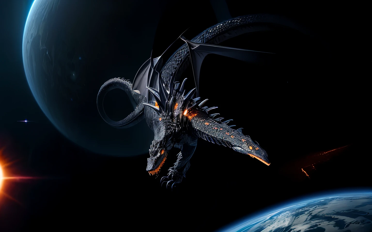 A distant photograph of a giant black dragon monster flying over a curved, sun-colored sphere.。A snake on a map with coordinate lines, Space fungus simulation, Microscope image, Micrograph, Sculpture, A scientific depiction, Microscope View, Alien Deposition Schematic, 空からmeteoriteが落ちてくる, Detailed scientific illustrations, An illustration of, An illustration, protozoa, meteorite、Monsters attacking the Earth