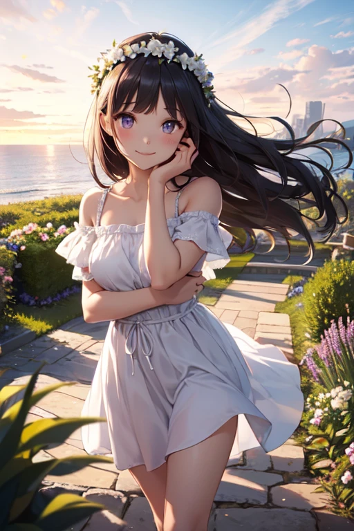 Very cute and beautiful girl wearing a white flower crown,White sundress with ruffles,
(Very exquisite beautiful face and eyes:1.2),(Lavender Garden),stone path,Distant Sea,Beautiful summer sky,
(Mid Shot:1.15),Leg details,smile,Black Hair,Dynamic pose,Dynamic Angle,View your viewers,
(highest quality,masterpiece:1.2),(Intricate details),1 girl,alone,High resolution,Natural light,Hair blowing in the wind,