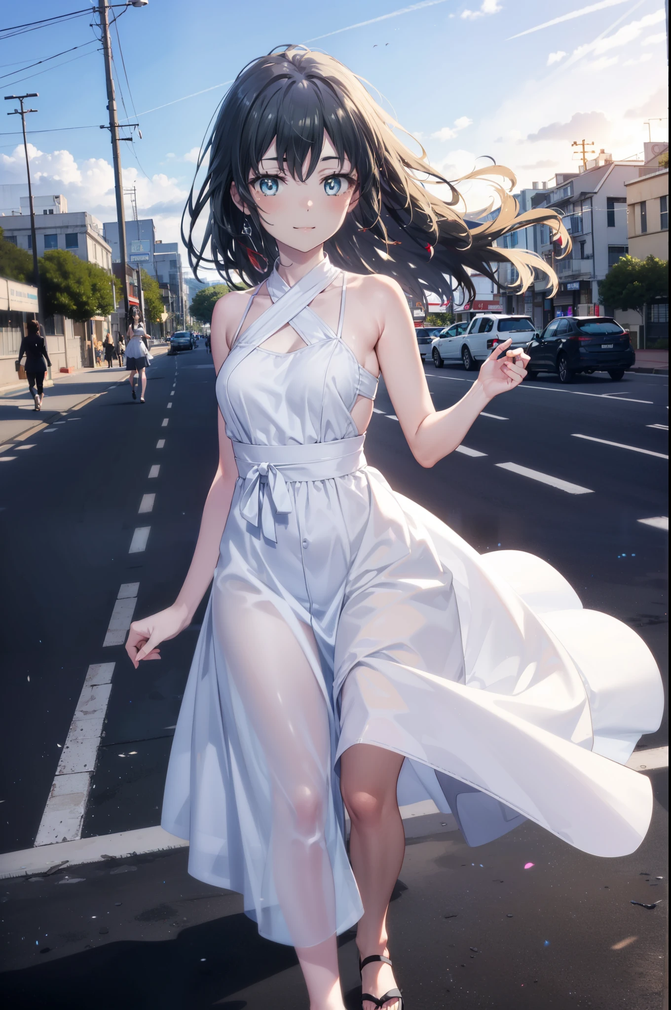 yukinoyukinoshita, Yukino yukinoshita, Black Hair, blue eyes, Long Hair,smile, Small breasts,happy smile, smile, Close your mouth,
, Sleeveless white dress,White long skirt,Cute Sandals,walking,Real Summer,Daytime,sunny,whole bodyがイラストの中に入っていくように,
break outdoors ,city,Building district,Coastal Road　　　　　　　　　　　　　　　break looking at viewer, whole body,
break (masterpiece:1.2), highest quality, High resolution, unity 8k wallpaper, (shape:0.8), (Beautiful and beautiful eyes:1.6), Highly detailed face, Perfect lighting, Extremely detailed CG, (Perfect hands, Perfect Anatomy),