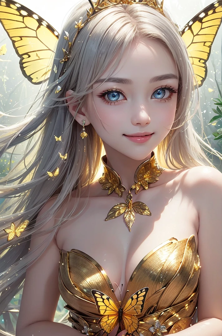 (masterpiece、highest quality、highest quality、Beautiful and beautiful:1.2)、(Good anatomy:1.5)、Focus on the eyeilky white hair girl、Gold butterfly costume、Jewelry Tiara、Gold butterfly wings、Adorable smile、My eyes on you、Diffuse reflection of light、Gold flower、Silver Flower、Pearl Light、Earth Tree、Earth leaves、Flower of the Earth、Buzz、Fractal Art