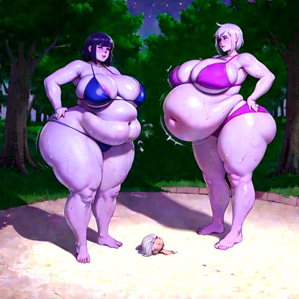 A young woman in a bikini, massive bloated overstuffed heavy protruding bulging long wide obese belly, hyper massive fat tall wide round heart shaped bubble butt, wide fat hips, massive fat round heavy breasts, deep long pronounced cleavage, so full it hurts, gurgling fat belly, sloshing belly, distended belly, churning belly, it hurts being so full but it feel so good, squishy belly, bellies squished together, squished together, shes wants her friend as fat as her, shes making her obese, wide stance, struggling to stand, fat thick thighs,