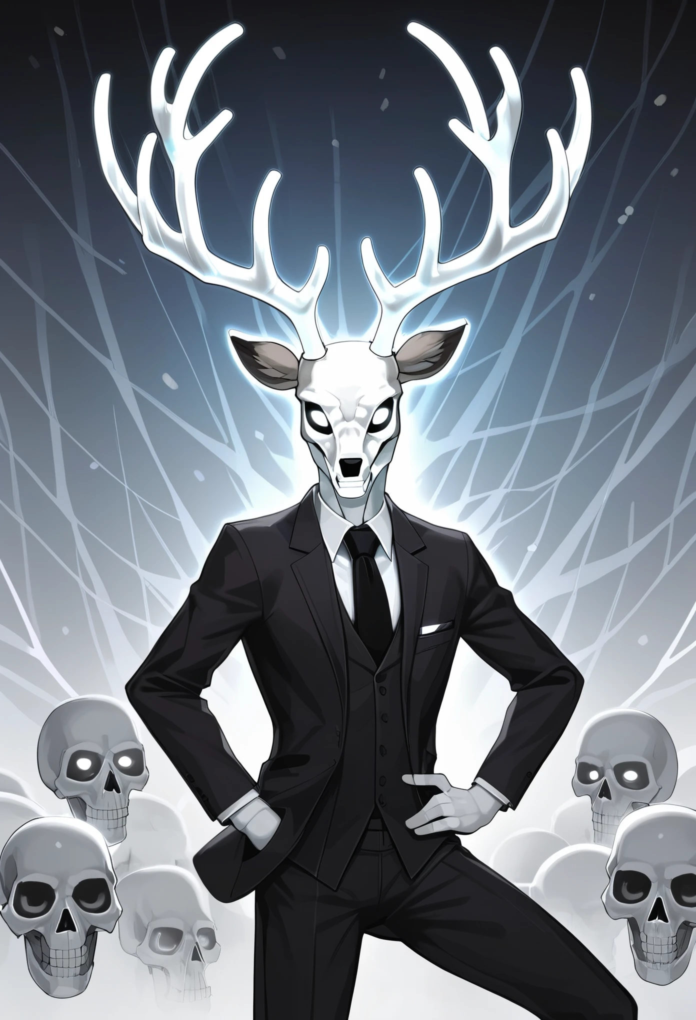 solo, an Anthro deer skeleton, empty deer skull, deer antlers glowing white eyes, wearing black suit and tie,
