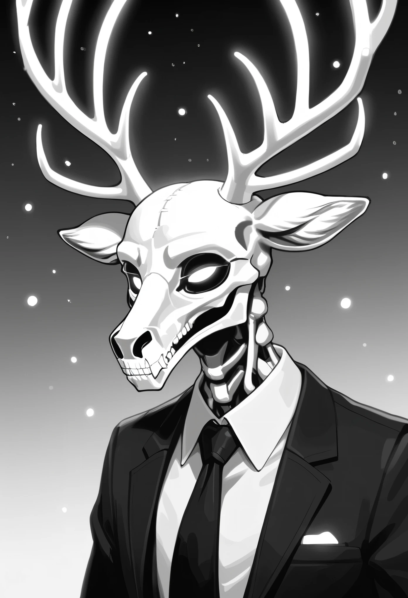 solo, an Anthro deer skeleton, empty deer skull, deer antlers glowing white eyes, wearing black suit and tie,