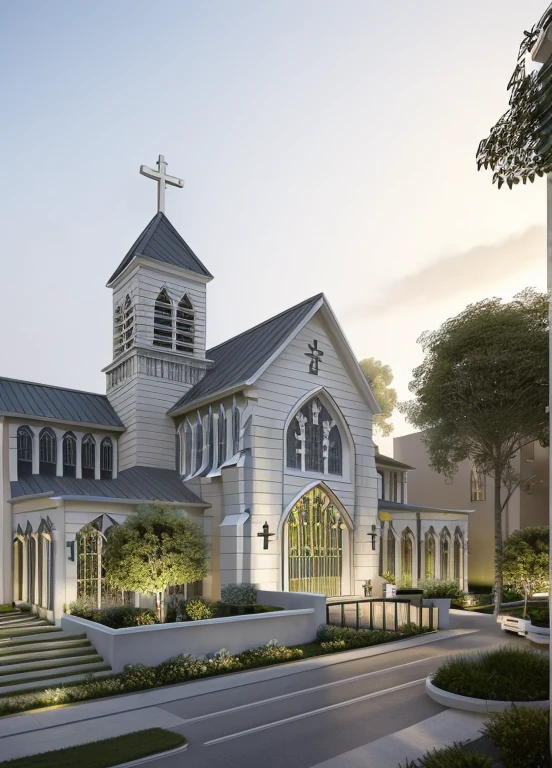 Ultra-realistic 8k, hd image quality, sharp detail, 2-story (((Church :1.3))) house, main materials: white walls, wooden ceiling accents, large glass windows, roads, cars, sidewalks, American Palm trees high, has a small alley, located in a residential area, modern style, shimmering sky, sunset light, feels peaceful, beautiful, close and warm, ((Warm light from indoor:1.3)), (daylight:1.2), perfect lighting,dynamic light,2 large glass doors,((1 large glass window:1.3)), (night light), (colorful flowers in front of the house)