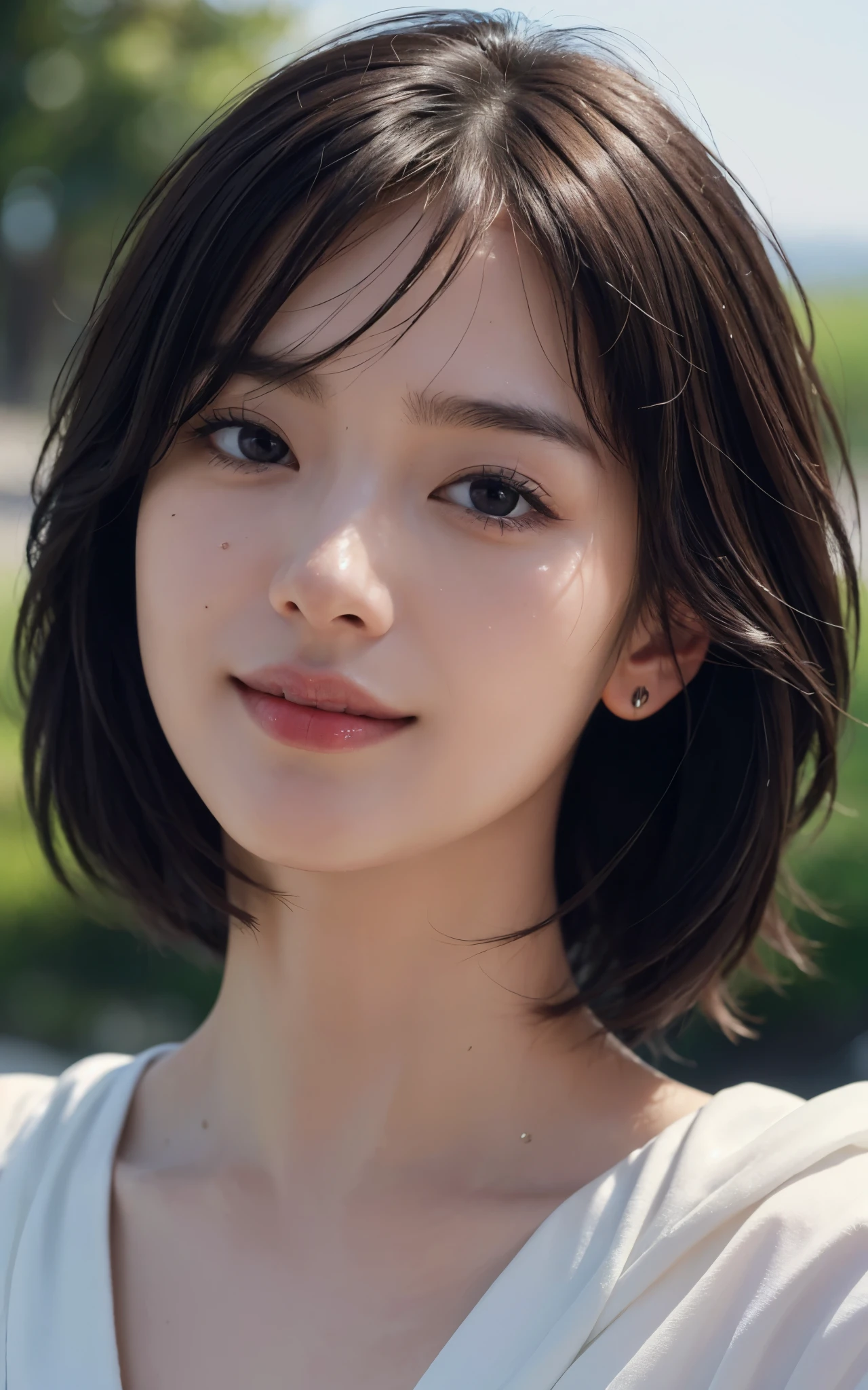 masterpiece, The highest image quality, High quality, Beautiful woman, Japanese, Detailed, Swollen eyes, Detailed eyes, Detailed skin, Beautiful skin, Ultra High Resolution, (reality: 1.4),Very beautiful, Slightly younger face, Beautiful skin, slender, (A hyper-realistic), (Illustration), (High resolution), (8K), (Very detailed) (Best Illustration), (beautifully detailed eyes), (super detailed), (Wallpaper), (Detailed face), Looking at Viewer, Fine details, Detailed face, Smiling, Looking straight ahead, Looking straight ahead, angle from waist up, photos realistic, Bright lighting, Professional Lighting, Brown hair, Short hair swaying in the wind, Bangs, Woman, Bangs,