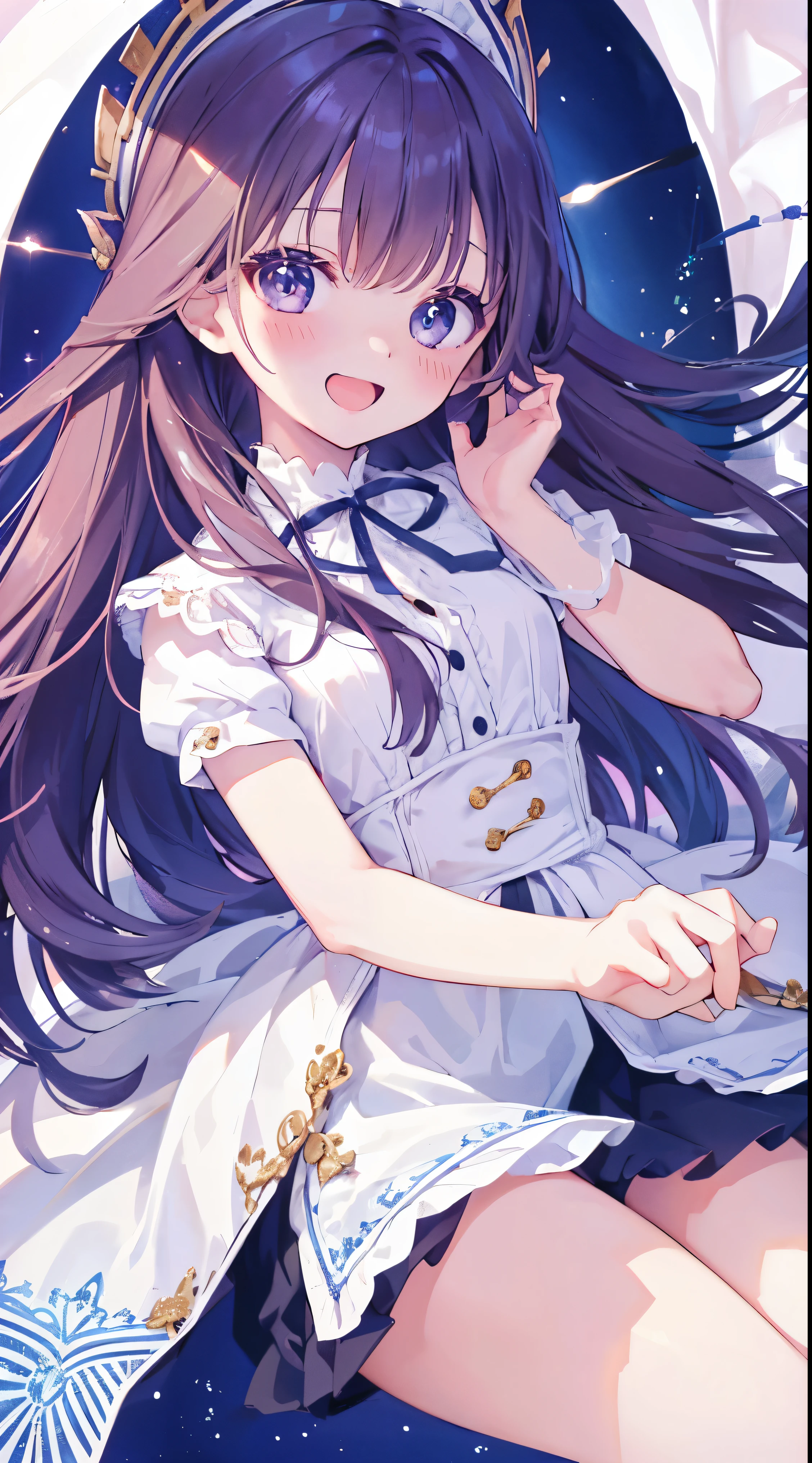 Masterpiece、Highest quality、highest quality、(Open Mouth Smile)、Shiny hair quality、Small face、Dynamic pose、Super detailed, beautiful, wide eyes、Ultra-detailed, clear and beautiful faces、(cute illustration:1.2), High-resolution, ultra-detailed, best quality, embarrassed、Thighs