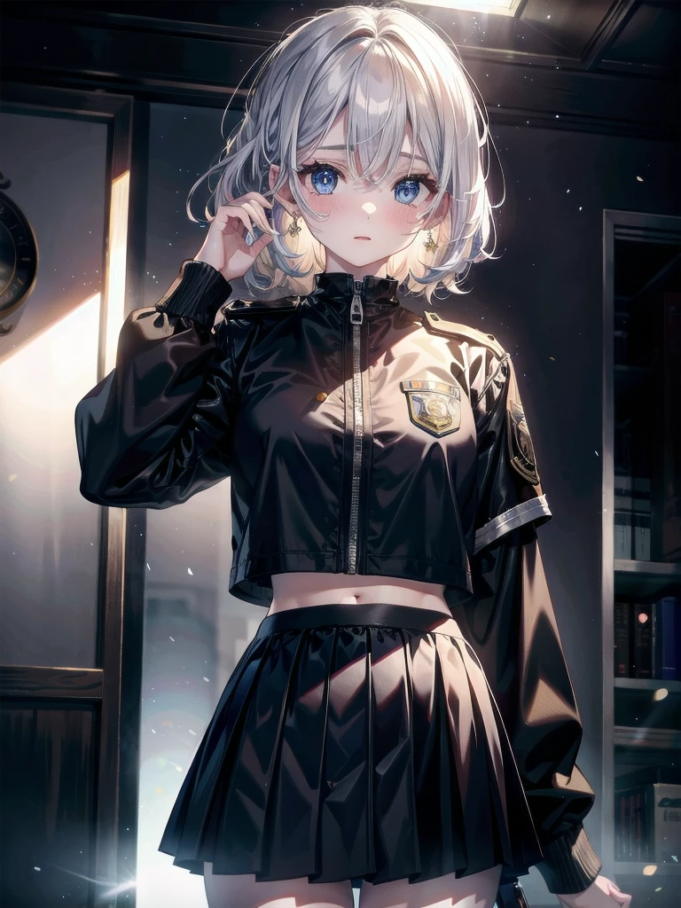 whole body, police uniform, Skirt, absurdres, RAW photo, extremely delicate and beautiful, masterpiece, Best Quality, ultra high resolution, 32k, hyperrealistic, ultra-detailed description, pale skin, 20 years old, detailed beautiful face and eyes, tearful mole, earring, Colossal tits, short medium wavy hair, midriff,