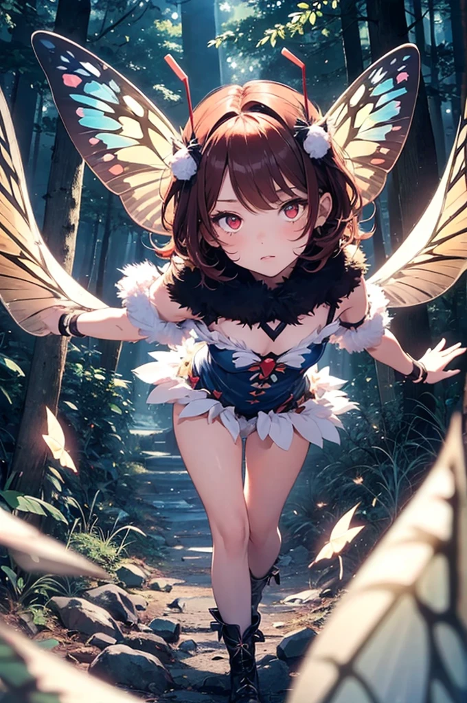 (masterpiece, best quality:1.1),popart,flat color design,ten girl,cute,
(girl wearing a moth costume,moth wings,fluffy moth fur,moth antennae),red eyes,navy hair,fullbody,in night forest,dynamic angle,dynamic angle,beautiful lighting,photographic portrait, sharp,