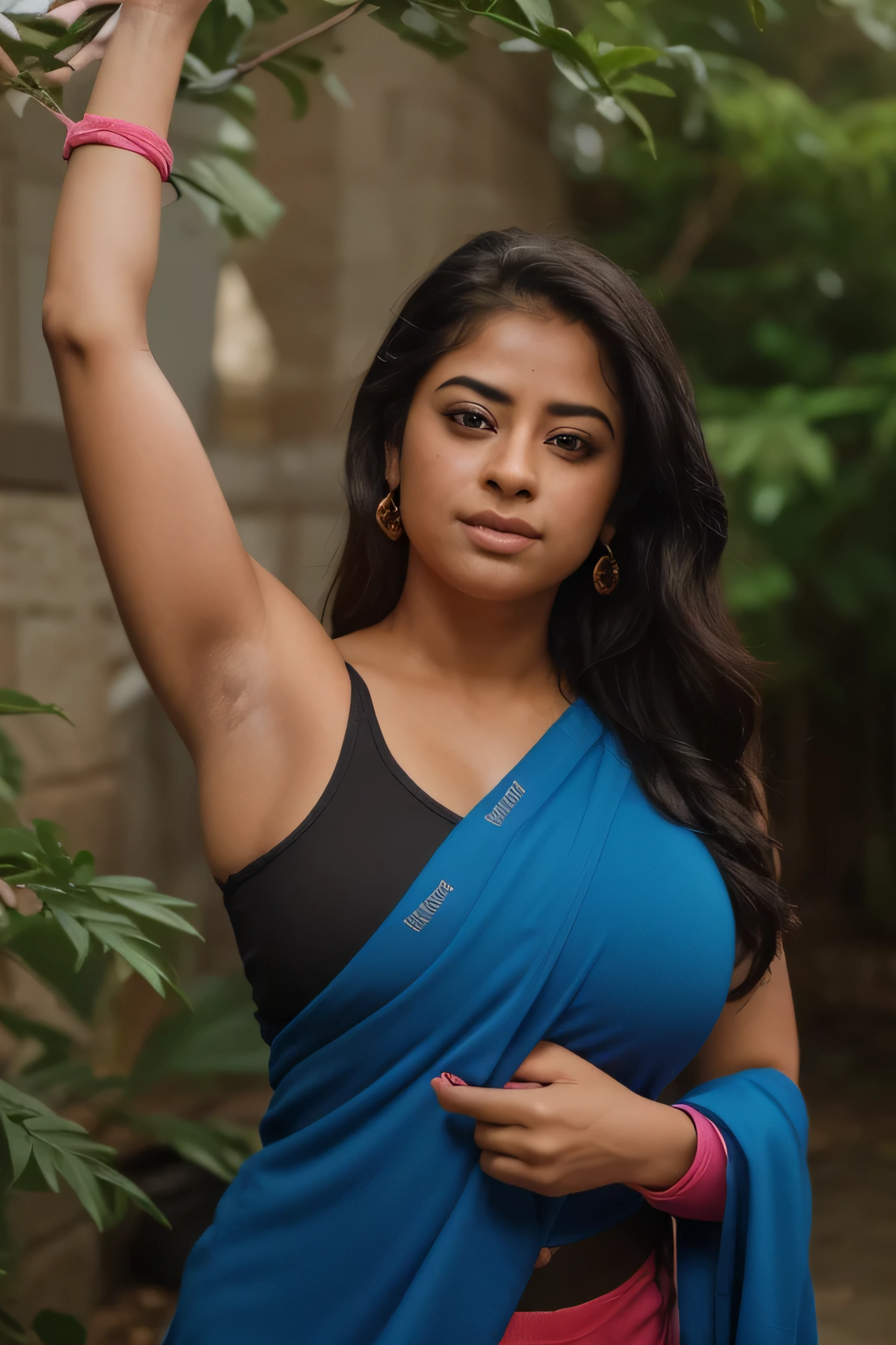 Looks like Anushka Shetty,slightly chubby,wearing black boxing gloves,black boxing gloves,boxing ring,sweaty,tired,exhausted,arms raised,both arms up,boxing gloves on both hands, intricate details,dark blue outfit,(ArtStation:1.2),armpits,sweat,sweaty,sweaty armpits,arms up,showing armpits,awesome armpits,eyeroll,pink outfit,reddish blue arm warmers,pink arm bands,blue orange arm warmers