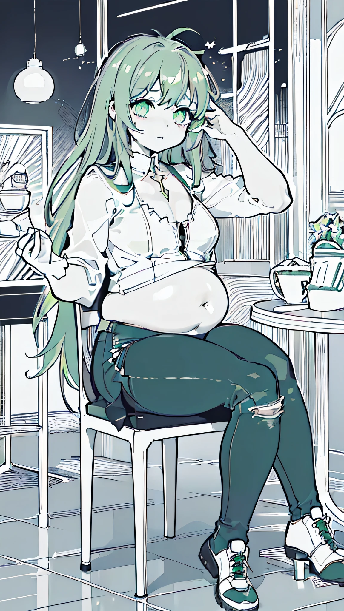 lineart, monochrome,(small cafe background:1.5), (chair, sitting diagonally:1.5) (big ass, thick thighs:0.7), (warm light source:1.2), intricate details, volumetric lighting, Realism BREAK(masterpiece:1.2), (top quality), 4K, ultra detail, (Dynamic configuration:1.4), Very detailed and colorful details,(rainbow colors:1.2), (shining lights, atmospheric lighting), dreamy, magical, (alone:1.2), intricate details, cheeky expression, big breasts drooping, (green eyes:1.5), (a devastated expression, dead eyes, dark atmosphere:1.5), (Green long hair:1.5), (suit, suit, shoes, denim shorts, dress shirt with lace:1.5), (plump,thick thighs, thick ass:1.1), (beautiful eyes, flushing:1.5),(muffin_top, Belly Fat:1.1),(sitting on a chair, diagonal shot:1.5),(holding belly fat:1.5),