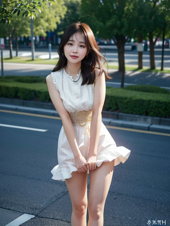 (Best quality, 8k, 32k, Masterpiece, UHD:1.2),Photo of Pretty Japanese woman,(sad smile,blush:1.1),looking at viewer,(beautiful detailed dress skirt:1.2),detailed legs,(spread legs:0.9),(lace panties:0.9),(wind lift:1.6), full body,windy,city,outdoors