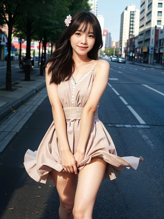 (Best quality, 8k, 32k, Masterpiece, UHD:1.2),Photo of Pretty Japanese woman,(sad smile,blush:1.1),looking at viewer,(beautiful detailed dress skirt:1.2),detailed legs,(spread legs:0.9),(lace panties:0.9),(wind lift:1.6), full body,windy,city,outdoors
