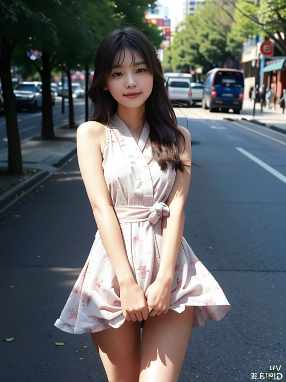 (Best quality, 8k, 32k, Masterpiece, UHD:1.2),Photo of Pretty Japanese woman,(sad smile,blush:1.1),looking at viewer,(beautiful detailed dress skirt:1.2),detailed legs,(spread legs:0.9),(lace panties:0.9),(wind lift:1.6), full body,windy,city,outdoors