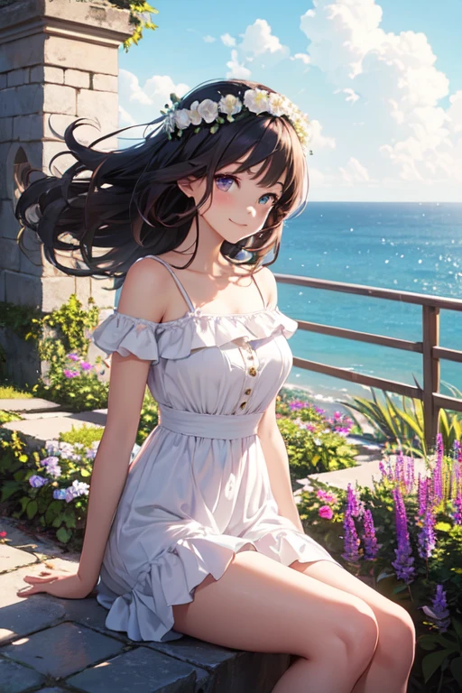 Very cute and beautiful girl wearing a white flower crown,White sundress with ruffles,
(Very exquisite beautiful face and eyes:1.2),(Lavender Garden),stone path,Distant Sea,Beautiful summer sky,
(Mid Shot:1.15),Leg details,smile,Black Hair,Dynamic pose,Dynamic Angle,View your viewers,
(highest quality,masterpiece:1.2),(Intricate details),1 girl,alone,High resolution,Natural light,Hair blowing in the wind,