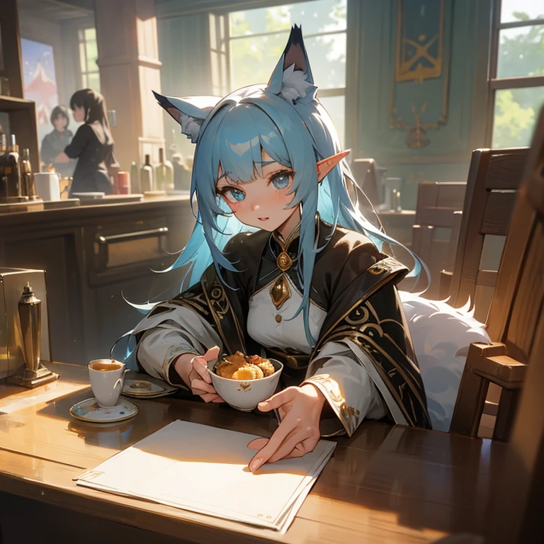 A group of anime characters and various anthropomorphic animals, including cat girls, wolf girls, elves, and robots, are sitting around the table.,Enjoying food and drinks,The atmosphere is lively and lively。The roles have(Beautiful and delicate eyes,Beautiful and delicate lips,Extremely detailed eyes and face,Long eyelashes)。They are depicted in popular anime style,Set in an otherworldly environment with fantasy elements。The scene resembles a still from the TV anime series,Captures moments of everyday life in the world of animation。 This work of art has(high quality:1.2、4k resolution、lifelike),Featuring ultra-detailed visuals,Exhibits complex design of characters and environments。Lighting is carefully designed,Bright colors,Focus is clear,Create a studio-like atmosphere。Rich scene textures,showing traditional illustrations、oil painting、3D Rendering、The use of various materials such as photography technology。 There are all kinds of delicious food around the characters(anime themed food:1.1、Mouthwatering desserts、unique drinks),Create an active atmosphere。The food is intricately detailed,Demonstrates the artist's attention to detail in creating appetizing and visually appealing dishes。The scene is reminiscent of a festive gathering,Highlight the joy of sharing food and companionship。 The composition and framing of the artwork captures the essence of the anime genre,Emphasis is on character interaction and dynamic poses。Each character's personality comes through in their expressions、poses and clothing show,Adds depth and complexity to scenes。the background depicts an otherworldly environmen elements are inspired by fantasy and adventure。 (concept art:1.1、landscape、portrait)The use of technology adds depth and dimension to the overall artwork。