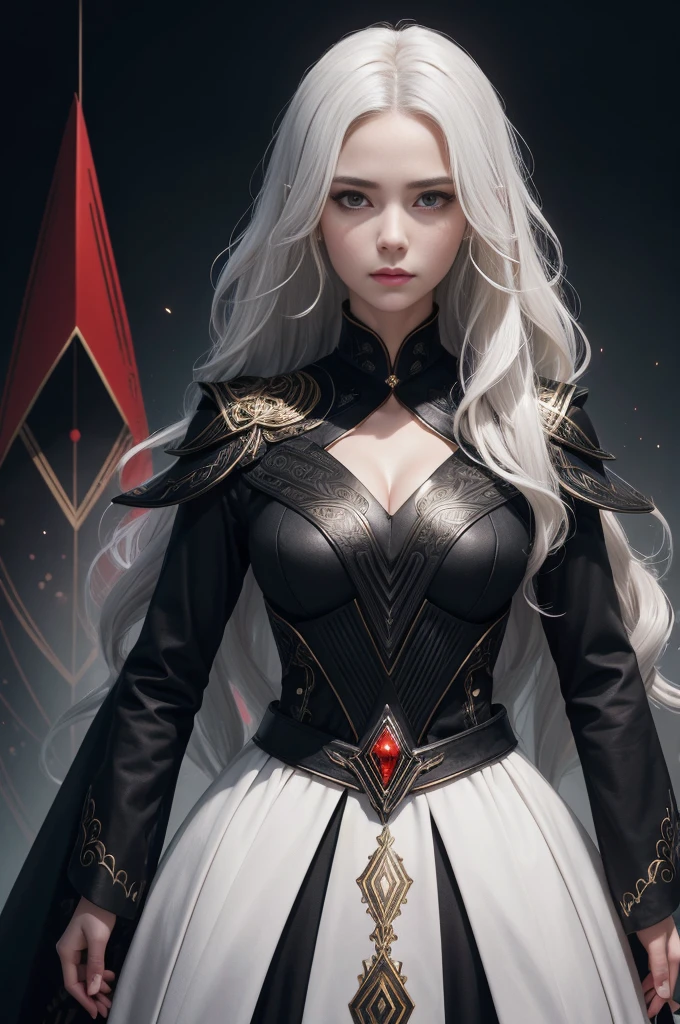 Portrait of a beautiful girl with wavy white hair, Wear a formal black dress with metallic parts, Red Eyes, Letter combination on background, number, Dark, 8k, Intricate details, High quality, 复古future风格, Sharp focus on the center, Soft colors, Art Station, (Science Fiction, future, future theme), (A contemptuous expression appeared on his face), (Detailed description)