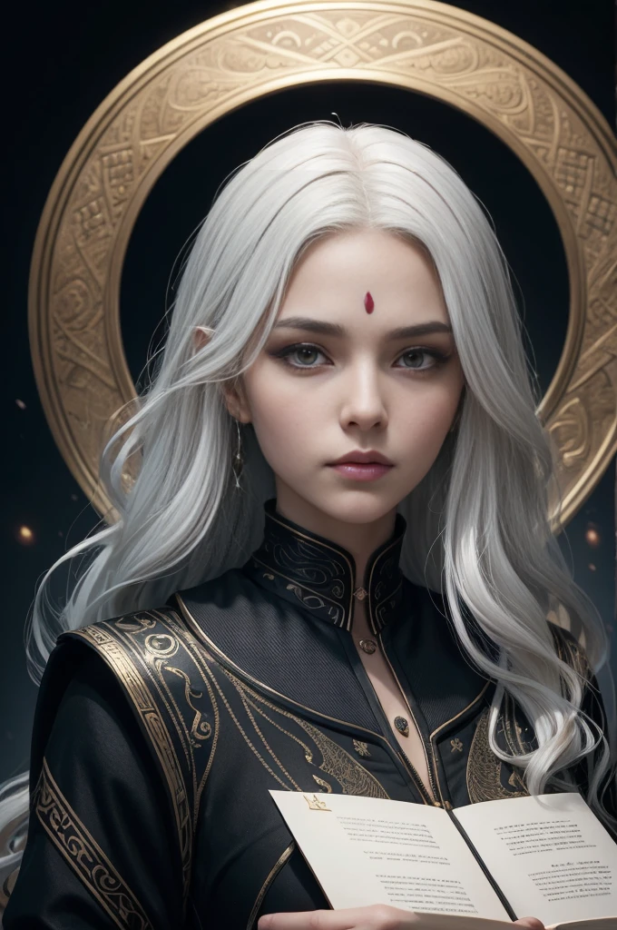 Portrait of a beautiful girl with wavy white hair, Wear a formal black dress with metallic parts, Red Eyes, Letter combination on background, number, Dark, 8k, Intricate details, High quality, 复古future风格, Sharp focus on the center, Soft colors, Art Station, (Science Fiction, future, future theme), (A contemptuous expression appeared on his face), (Detailed description)