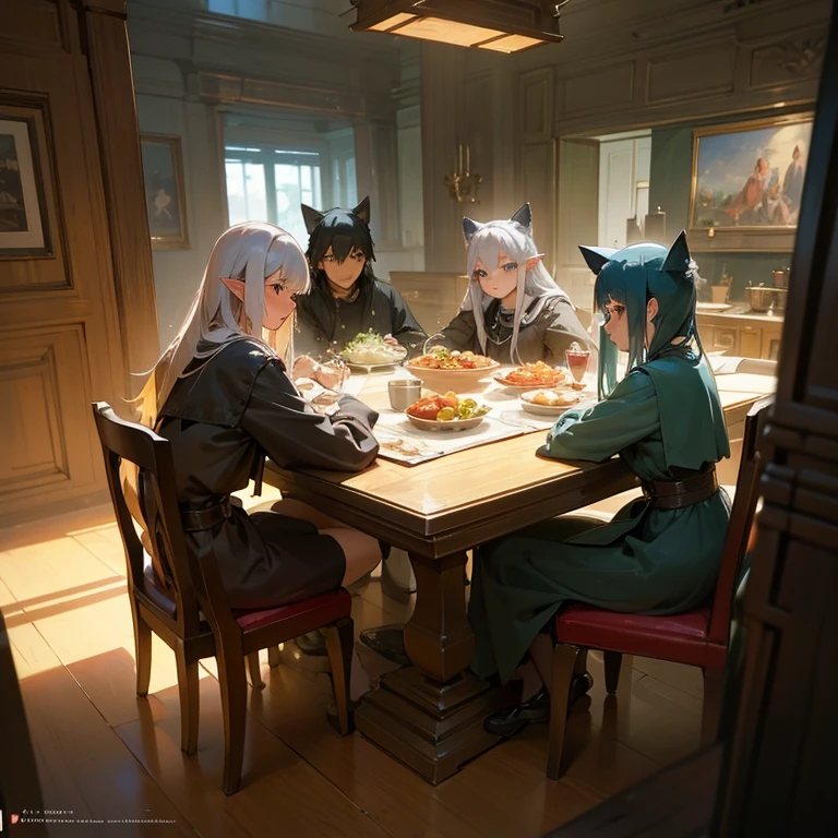 A group of anime characters and various anthropomorphic animals, including cat girls, wolf girls, elves, and robots, are sitting around the table.,Enjoying food and drinks,The atmosphere is lively and lively。The roles have(Beautiful and delicate eyes,Beautiful and delicate lips,Extremely detailed eyes and face,Long eyelashes)。They are depicted in popular anime style,Set in an otherworldly environment with fantasy elements。The scene resembles a still from the TV anime series,Captures moments of everyday life in the world of animation。 This work of art has(high quality:1.2、4k resolution、lifelike),Featuring ultra-detailed visuals,Exhibits complex design of characters and environments。Lighting is carefully designed,Bright colors,Focus is clear,Create a studio-like atmosphere。Rich scene textures,showing traditional illustrations、oil painting、3D Rendering、The use of various materials such as photography technology。 There are all kinds of delicious food around the characters(anime themed food:1.1、Mouthwatering desserts、unique drinks),Create an active atmosphere。The food is intricately detailed,Demonstrates the artist's attention to detail in creating appetizing and visually appealing dishes。The scene is reminiscent of a festive gathering,Highlight the joy of sharing food and companionship。 The composition and framing of the artwork captures the essence of the anime genre,Emphasis is on character interaction and dynamic poses。Each character's personality comes through in their expressions、poses and clothing show,Adds depth and complexity to scenes。the background depicts an otherworldly environmen elements are inspired by fantasy and adventure。 (concept art:1.1、landscape、portrait)The use of technology adds depth and dimension to the overall artwork。