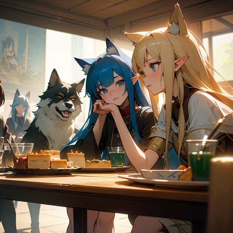 A group of anime characters and various anthropomorphic animals, including cat girls, wolf girls, elves, and robots, are sitting around the table.，Enjoying food and drinks，The atmosphere is lively and lively。The roles have（Beautiful and delicate eyes，Beautiful and delicate lips，Extremely detailed eyes and face，Long eyelashes）。They are depicted in popular anime style，Set in an otherworldly environment with fantasy elements。The scene resembles a still from the TV anime series，Captures moments of everyday life in the world of animation。 This work of art has（high quality：1.2、4k resolution、lifelike），Featuring ultra-detailed visuals，Exhibits complex design of characters and environments。Lighting is carefully designed，Bright colors，Focus is clear，Create a studio-like atmosphere。Rich scene textures，showing traditional illustrations、oil painting、3D Rendering、The use of various materials such as photography technology。 There are all kinds of delicious food around the characters（anime themed food：1.1、Mouthwatering desserts、unique drinks），Create an active atmosphere。The food is intricately detailed，Demonstrates the artist&#39;s attention to detail in creating appetizing and visually appealing dishes。The scene is reminiscent of a festive gathering，Highlight the joy of sharing food and companionship。 The composition and framing of the artwork captures the essence of the anime genre，Emphasis is on character interaction and dynamic poses。Each character&#39;s personality comes through in their expressions、poses and clothing show，Adds depth and complexity to scenes。the background depicts an otherworldly environmen elements are inspired by fantasy and adventure。 （concept art：1.1、landscape、portrait）The use of technology adds depth and dimension to the overall artwork。 