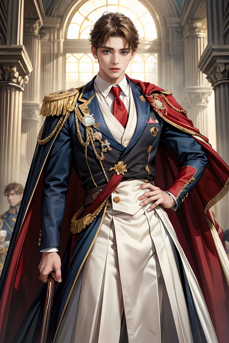 masterpiece, 最high quality, high quality, 1 boy, alone, Male focus, Watching the audience, Messy brown hair, Adorable big blue eyes, White, Noble, Noble, Beautiful tailcoat、A very voluminous, large, very large, very large, long, long red and black cape with a high stand-up collar, made of a lot of fabric that reaches down to the floor., 17 years old,Cute beautiful boys,Cute, cute, kind, handsome guy