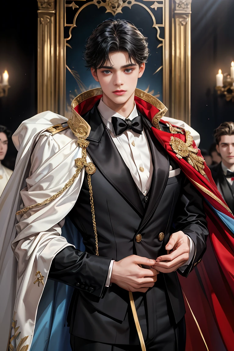 masterpiece, 最high quality, high quality, 1 boy, alone, Male focus, Watching the audience, Messy black hair, Adorable big blue eyes, White, Noble, Noble, Tuxedo、A very voluminous, large, very large, very large, long, long red and black cape with a high stand-up collar, made of a lot of fabric that reaches down to the floor., 17 years old,Cute beautiful boys,Cute, cute, kind, handsome guy